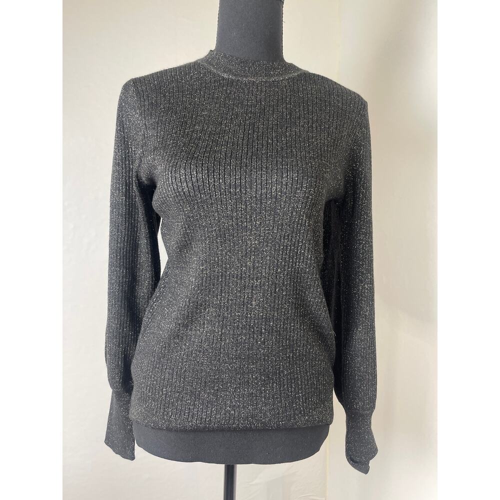 Loft Women's Cable Knit Metallic Chic Preppy Casual Soft Sweater Black Silver M